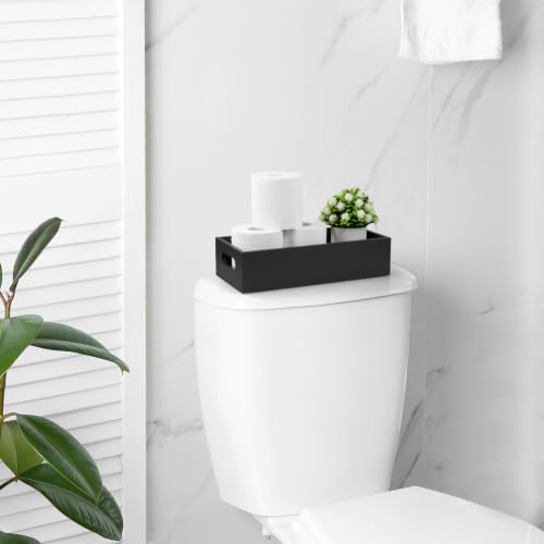 ALELION 14 Inch Black Wood Bathroom Storage Basket with Handles, Toilet Paper Basket for Back of Toilet Tank Top, Wooden Organizer Tray for Bathroom Countertop, Vanity, Kitchen, Pantry, Laundry Room - color: Black, size: 14 Inch