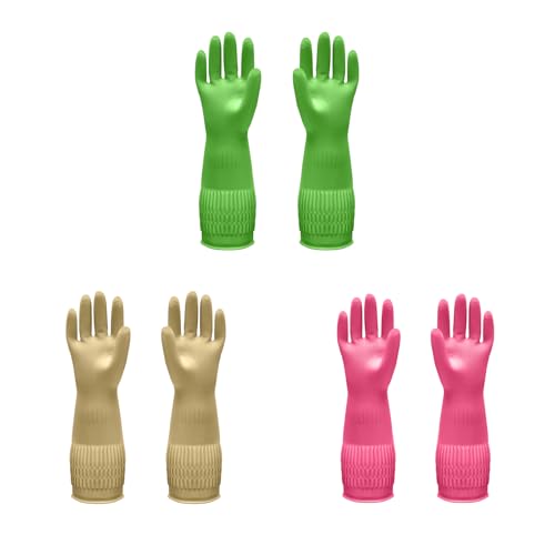Rubber Gloves for Cleaning with Long Cuffs Waterproof Dishwashing Household Gloves with Grip for Kitchen Bathroom - color: 3PC-Multicolor, size: Large