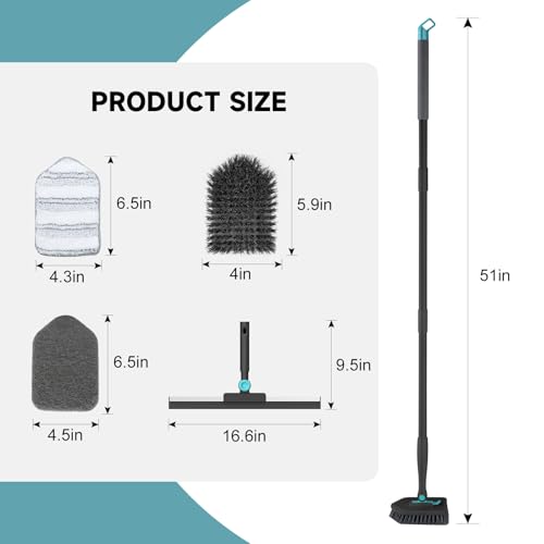 nacena Shower Scrubber with Long Handle, 4 in 1 Tile Tub Scrubber Brush with 3 Detachable Cleaning Shower Heads and Floor Squeegee Shower Cleaner Brush for Bathroom Kitchen Tub Sink Floor, Black - color: Black, size: 2 pads