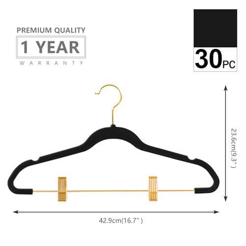 MIZGI Premium Velvet Pants Hangers with Adjustable Clips (Pack of 30) Slim Skirt Hangers- Non Slip Felt Outfit Dress Hangers Black - Gold Hooks,Space Saving Shirt Clothes Hangers - color: Black/Gold, size: 30-Pack
