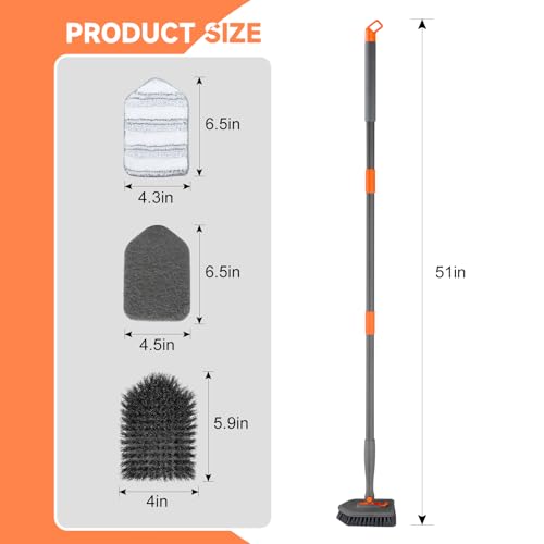 nacena Shower Scrubber with Long Handle, 3 in 1 Tile Tub Scrubber Brush with 3 Detachable Cleaning Heads Adjustable Handle Shower Cleaner Brush for Bathroom, Kitchen, Toilet, Wall, Sink, Grey Orange - color: Grey Orange, size: 2 pads