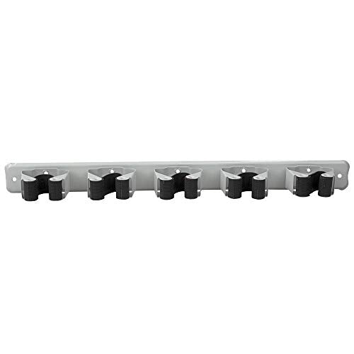 Mop and Broom Holder Wall Mounted Storage Organizer by Home Basics | 5 Slot Storage Rack with Textured Rubber Grippers for Kitchen, Garage, Laundry Room