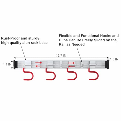 Wall Mounted Mop and Broom Holder Stainless Steel S Type Broom Rack Anti-Slip Mop Organizer (34Inches,8 Positions 6 Hooks, Red White) - size: Red White-34inch