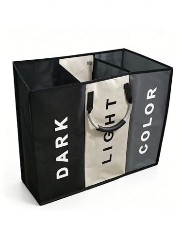 1 Pack Heavy Duty Laundry Hamper, 3 Section Sorter Organizer, Large Bin with 3 Side Pockets, Waterproof Dirty Clothes Storage