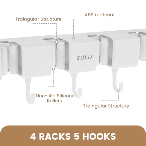 2Pcs Broom Holder Wall Mount, No-Drilling Self-Adhesive Mop and Broom Storage Rack with Hooks (4 Racks with 5 Hooks), Wall-Mounted Broom Hanger for Bathroom, Kitchen, Closet, Garage (White ) - color: White 