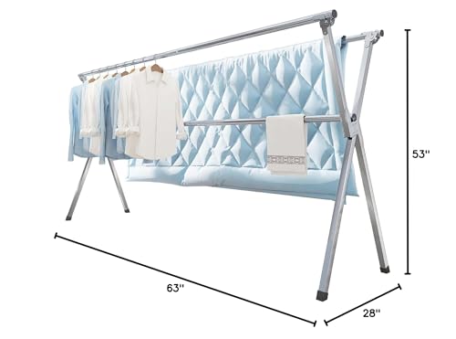 Vikaqi Clothes Drying Rack 63 Inches Folding Indoor Outdoor, Drying Rack Clothing Collapsible, Foldable Portable Laundry Drying Rack, Heavy Duty Laundry Hanger Dryer Rack, with 20 Hooks 12 Clips - size: 63"