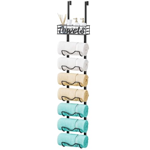 HapiRm Over The Door Towel Rack - 8 Tier Wall Mount Rolled Towel Holder Storage Organizer Shelf with Storage Basket for Small Bathroom, Rv, Camper - Black - size: 8-Tier Wall Mounted