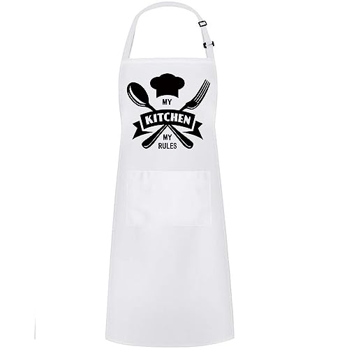 Hyzrz Funny Adjustable Aprons Baker Costume with Pocket Cook Grill BBQ Chef Apron Gifts for Fathers Mothers Day Birthday (My Kitchen My Rules, White) - color: White, style: My Kitchen My Rules