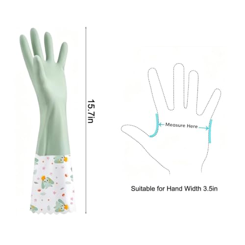 KINGFINGER PVC Flocked Lined Dishwashing Gloves, 2 Pairs Extra Long 15.7in Kitchen Gloves for Washing Dishes, Fleece Lining, Printed Cuff, Non-Slip, Oil & Acid Proof, Green & Pink, M
