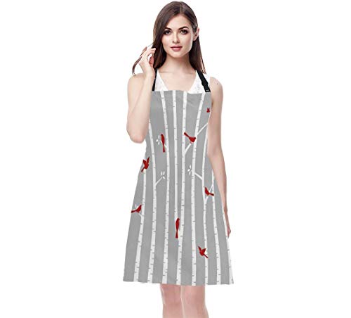 EKOBLA Birds In Birch Aprons Animal Trees Nature Red White Grey Waterproof Resistant Chef Cooking Kitchen BBQ Adjustable Aprons for Women Men 27x31 Inch - color: Multi-a106