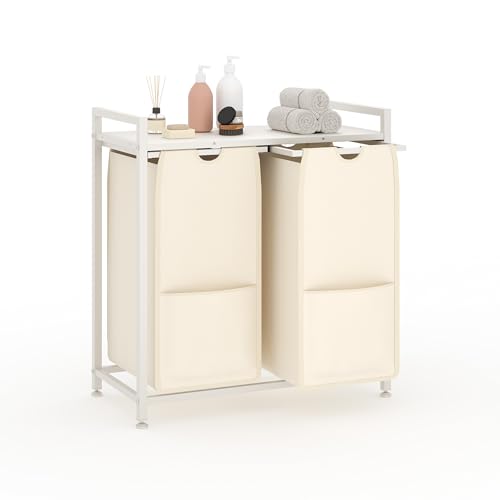 Laundry Sorter, 2 Section, 26.8x13x28.5 Inch - size: 2 Bags-97L / White + Beige
