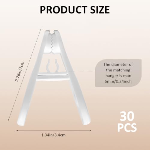 30 Pack Plastic Hanger Clips, White Heavy Duty Clothes Clips for Pants, Skirts & Baby Clothes, Anti-Slip Laundry Clips for Drying