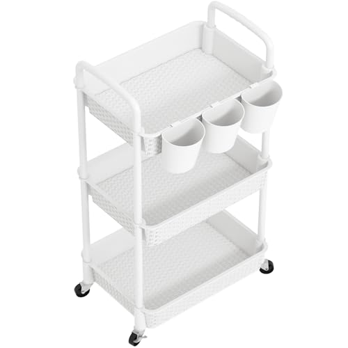 MOYIPIN 3-Tier Plastic Rolling Utility Cart with Handle,White - color: White, size: 3-Tiers with cups