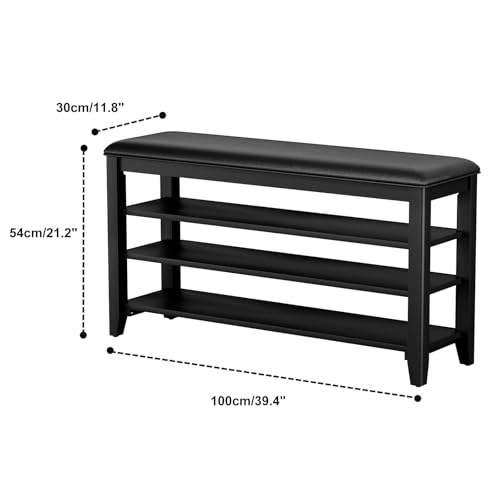 Taitiy Shoe Rack Bench with 3 Tier Adjustable Shelves Rubberwood Entryway - color: Black, size: 39.4''