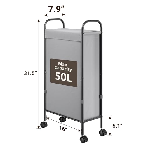 ELYKEN Slim Laundry Hamper with Lid & Wheels, 50L Rolling Laundry Basket - style: Grey-50L