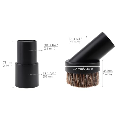 Vacuum Brush Attachment,Horse Hair Round Dust Brush with Universal Adapter - size: 1.25"/1-1/4" to 1-3/8" Adapter
