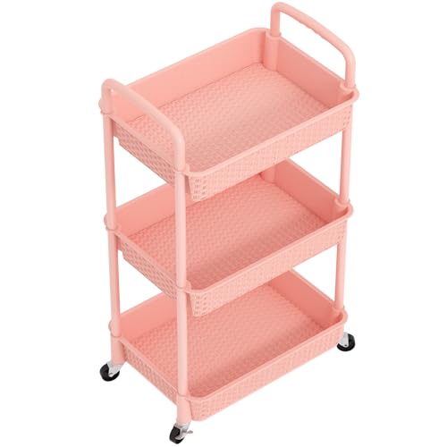 MOYIPIN 3-Tier Plastic Rolling Utility Cart with Handle,Utility,Pink - color: Pink, size: 3-Tiers without cups