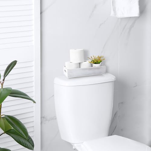 ALELION White Bathroom Basket - Wooden Toilet Tank Paper Basket with Handle for Organizing - Back of Toilet Storage Organizer for Bathroom Tank Topper Counter - color: Rustic white, size: 14 Inch