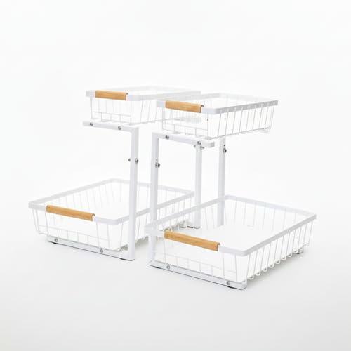 Under Sink Organizer 2 Pack, 2 Tier Pull Out Cabinet Organizers and Storage for Kitchen Bathroom Pantry Laundry, Adjustable Height, Slide Out Thickened Metal Storage Shelf (White, 2 Pack) - color: White, size: 2 Pack