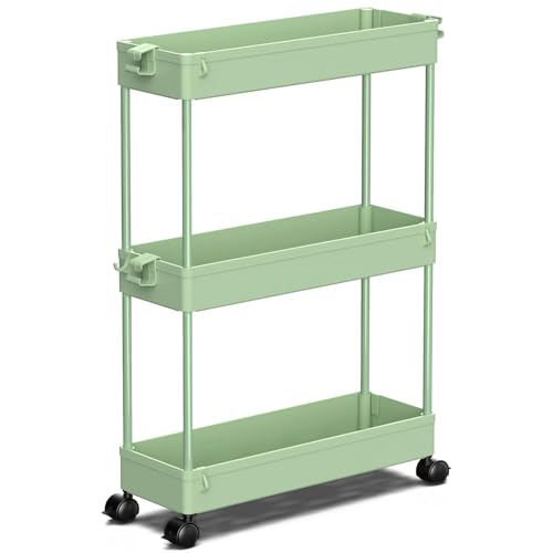 SPACEKEEPER Slim Rolling Storage Cart, 3 Tier Bathroom Cart Organizer,Green - color: Green