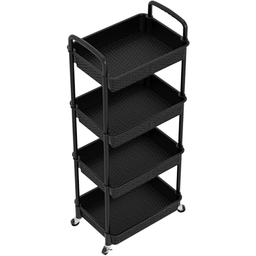 MOYIPIN 4-Tier Plastic Rolling Utility Cart with Handle, Black - color: Black, size: 4-Tiers without cups