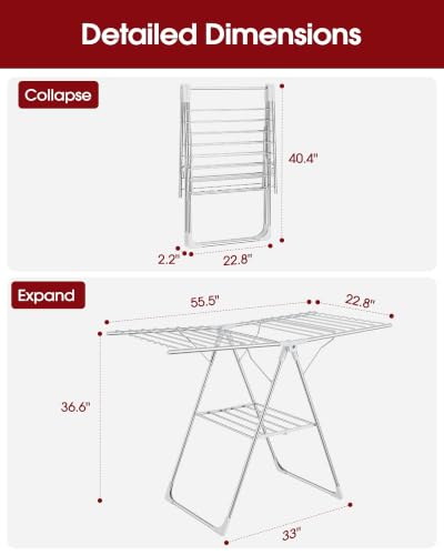 Sakugi Clothes Drying Rack, 55.5" Adjustable Wings, Foldable Design - color: Silver & White, size: Large (55.5"L x 22.8"W x 36.6"H)