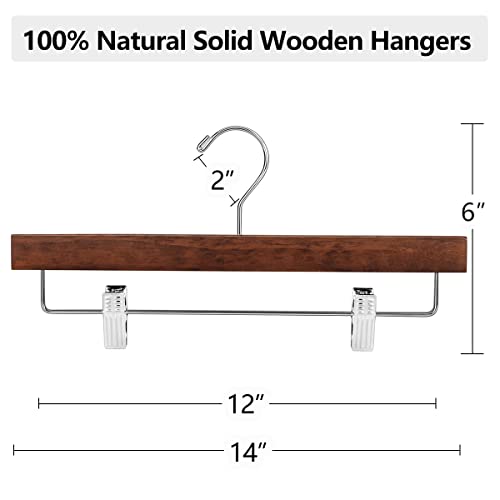 AMKUFO 20pcs Wooden Pants Hangers Solid Pants Hangers with Adjustable Clips 14 Inch Walnut Wood Skirt Hangers Trousers Bottom Hanger with Non-Slip Clips and 360° Swivel Hook - color: Walnut