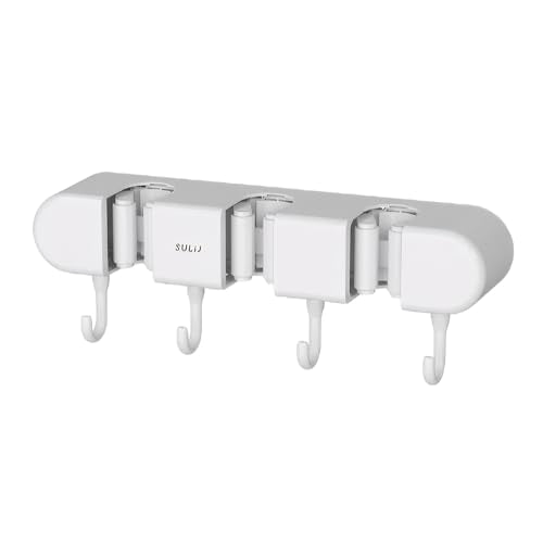 Wall-Mounted Mop Rack and Broom Organizer, Space-Saving Storage Solution for Cleaning Tools for Home or Kitchen - color: White 3-clip 4-hook