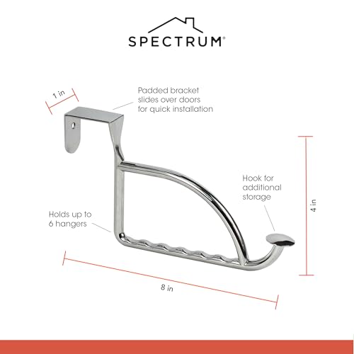 Spectrum Stratford Chrome Over The Door Hook Valet for Hanging Clothes Towels Robes, Easy Hang Sturdy Steel Door Hanger for Closet Bedroom Bathroom Laundry Room Door, Fits Doors Up to 1.3” Thick