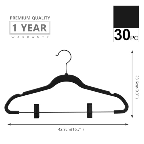 MIZGI Premium All Black Velvet Pants Hangers with Adjustable Clips (Pack of 30) Slim Skirt Hangers- Non Slip Felt Outfit Dress Hangers- Black Hooks,Space Saving Shirt Clothes Hangers - color: Black/Black, size: 30-Pack