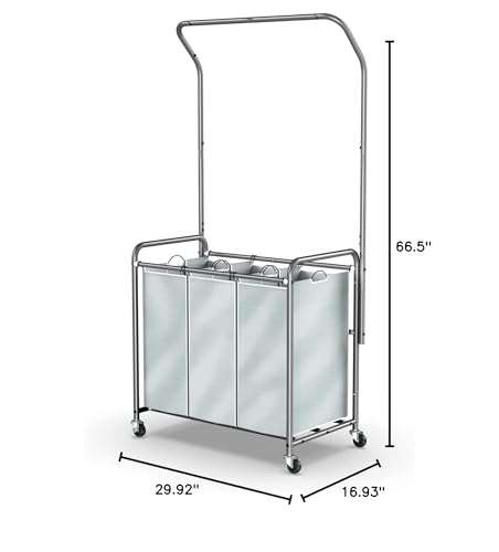 ROMOON Rolling Laundry Basket Organizer with Hanging Clothes Rack: 3 Section Laundry Hamper Sorter with Hanging Bar and Heavy-duty Lockable Wheels - Clothes Rack with Laundry baskets, 2025 Upgrade