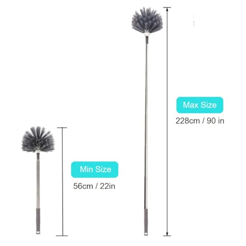 Cobweb Duster with Extension Pole & 3 Clean Head, Medium Stiff Bristles Cobweb Duster Head & 1.8 to 7.2-Feet Scalable Stainless Steel Pole Ceiling Fan Duster for Outdoor Indoor Cleaning