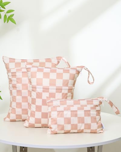 ALVABABY 3 Pack Wet Dry Bags for Cloth Diapers, Swimsuits & Gym Clothes, Waterproof Reusable Baby Diaper Bag with 2-Zippered Compartments, Hanging Strap, Machine Washable, Small/Medium/Large for Dayca - color: Beige grid