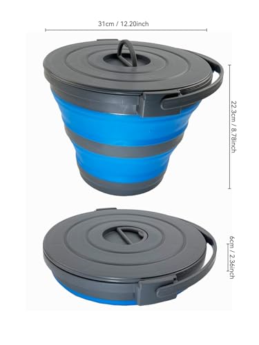 SAMMART 10L (2.64Gallon) Collapsible Fishing Bucket with Locking Lid - Portable Plastic Water Pail - Space Saving Outdoor Waterpot - Trunk Organizer for All Types of Vehicles (Grey/Blue) - color: Grey/Blue
