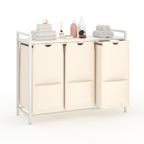 Laundry Sorter 36.6x13x28.5 in, White 3-Section Hamper - size: 3 Bags-145.5L / White + Beige