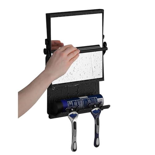 Ettori Fogless Shower Mirror for Shaving, Water-Filled Anti Fog Shower Mirror with 1X/3X Dual-Sided Magnification, No Drill Adhesive Mirror for Shower with Shelf, Razor Hooks and Squeegee, Black