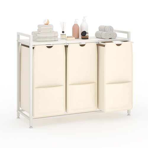 Garvee Laundry Basket Organizer, Laundry Hamper with Shelf & 3 Pull-Out Removable Oxford Fabric Bags, 3 x 12.8 Gal (48.5L), Dirty Clothes Basket Organizer for Laundryroom, Bathroom, Bedroom