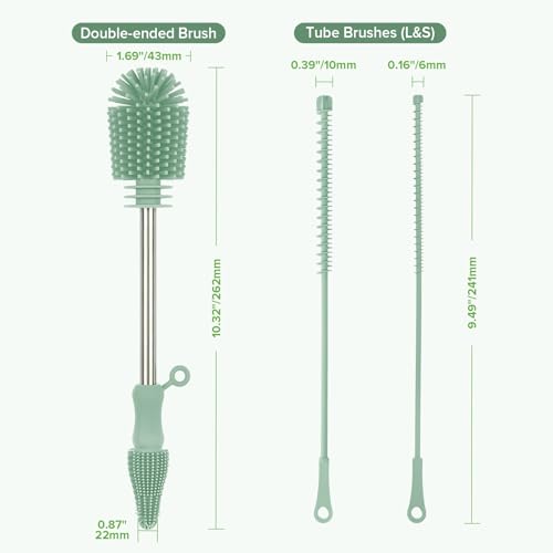 Haakaa Silicone Cleaning Brush Kit,Green,Portable Bottle Brush Cleaner - color: Pea Green, size: 3 Piece Set