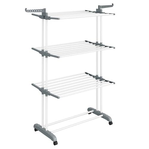 SONGMICS 4-Tier Clothes Drying Rack, Foldable, Rolling, 66.6-Inch Tall - color: White + Gray, style: 4-Tier