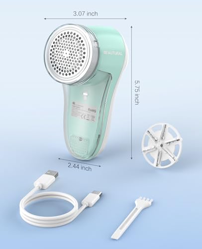 BEAUTURAL Fabric Shaver, Rechargeable Lint Remover for Clothes, Electric Lint Shaver with 6-Leaf Blades, Sweater Shavers to Fuzz, Lint Balls, Pillings, Bobbles for Clothes and Furniture - color: Green