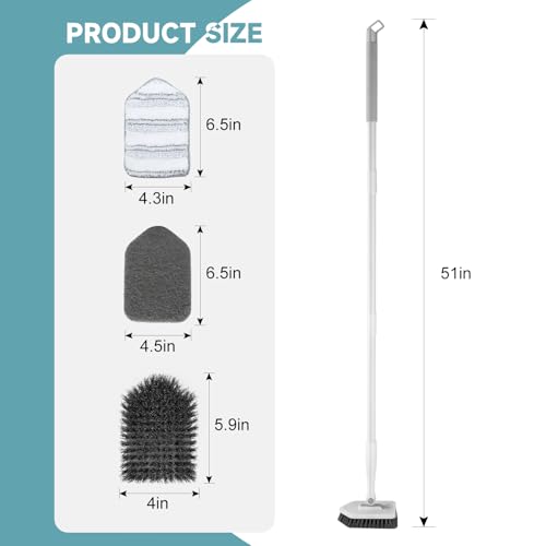 nacena Shower Scrubber with Long Handle, 3 in 1 Tile Tub Scrubber Brush with 3 Detachable Cleaning Heads Adjustable Handle Shower Cleaner Brush for Bathroom, Kitchen, Toilet, Wall, Sink, Grey White - color: Grey White, size: 2 pads
