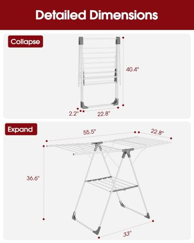 Sakugi Clothes Drying Rack, 55.5" Adjustable Wings, Foldable Design - color: White & Gray, size: Large (55.5"L x 22.8"W x 36.6"H)