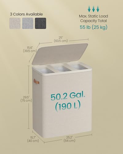 SONGMICS Laundry Basket, 190L Laundry Hamper with Lid, 3 Removable Bags - color: Cappuccino Beige, size: 190 L (3-Section)