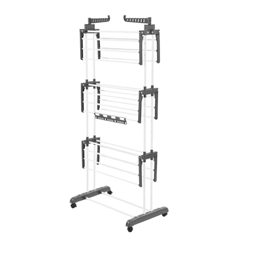 VEVOR Clothes Drying Rack, 4-Tier Foldable Laundry Dryer Rack, Metal Drying Racks with 24 Drying Rods, Free-Standing and Portable Hanger with 4 Castors and Two Side Wings for Outdoor & Indoor Use