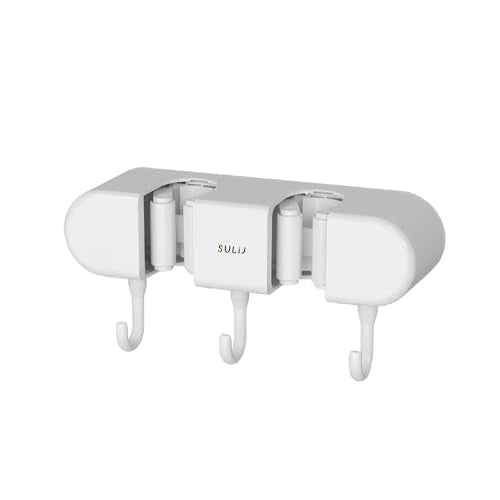 Wall-Mounted Mop Rack and Broom Organizer, Space-Saving Storage Solution for Cleaning Tools for Home or Kitchen - color: White 2 clip 3 hook