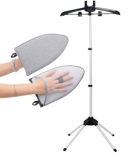 Adjustable Steamer Rack Handheld Garment Steamer Rack + Ironing Glosves Portable Folding Drying Rack for Clothes Standing Fabric Steamer Coat Hanger(Black)