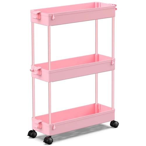SPACEKEEPER Slim Rolling Storage Cart, 3 Tier Bathroom Cart Organizer, Pink - color: Pink