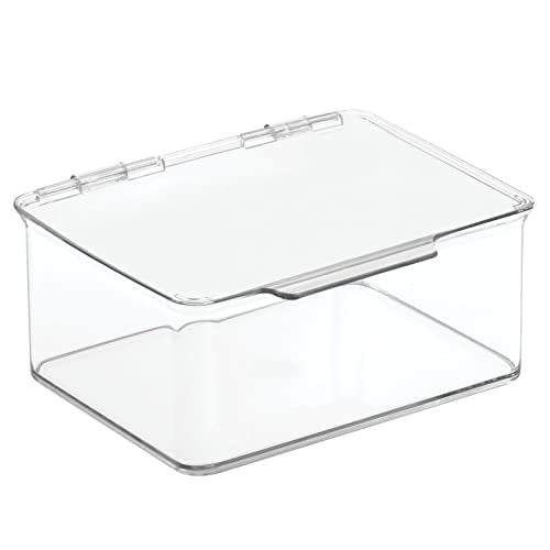 mDesign Small Plastic Home Office Storage Organizer Box Containers w/Hinged Lid for Desktops - Holds Pens, Pencils, Sticky Notes, Highlighters, Staples, Supplies - Lumiere Collection, Clear