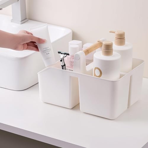 rejomiik Plastic Shower Caddy, Portable Basket with Bamboo Handle, White - color: White