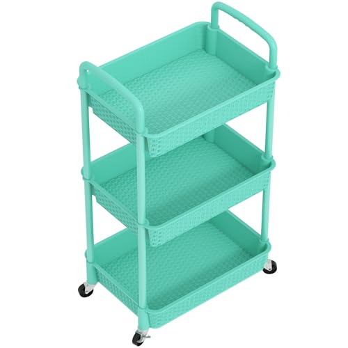 MOYIPIN 3-Tier Plastic Rolling Utility Cart with Handle,Turquoise - color: Turquoise, size: 3-Tiers without cups